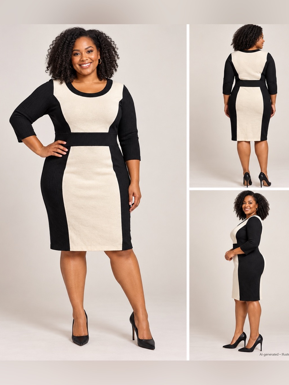 Ashley Stewart Black and Cream Colorblock Midi Sweater Dress US 12